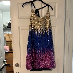 Gold, Blue, and Pink Sequin Dress